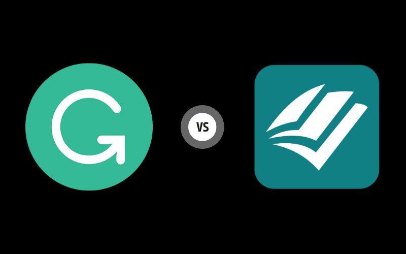 Grammarly vs. ProWriterAid logos and vs sign.